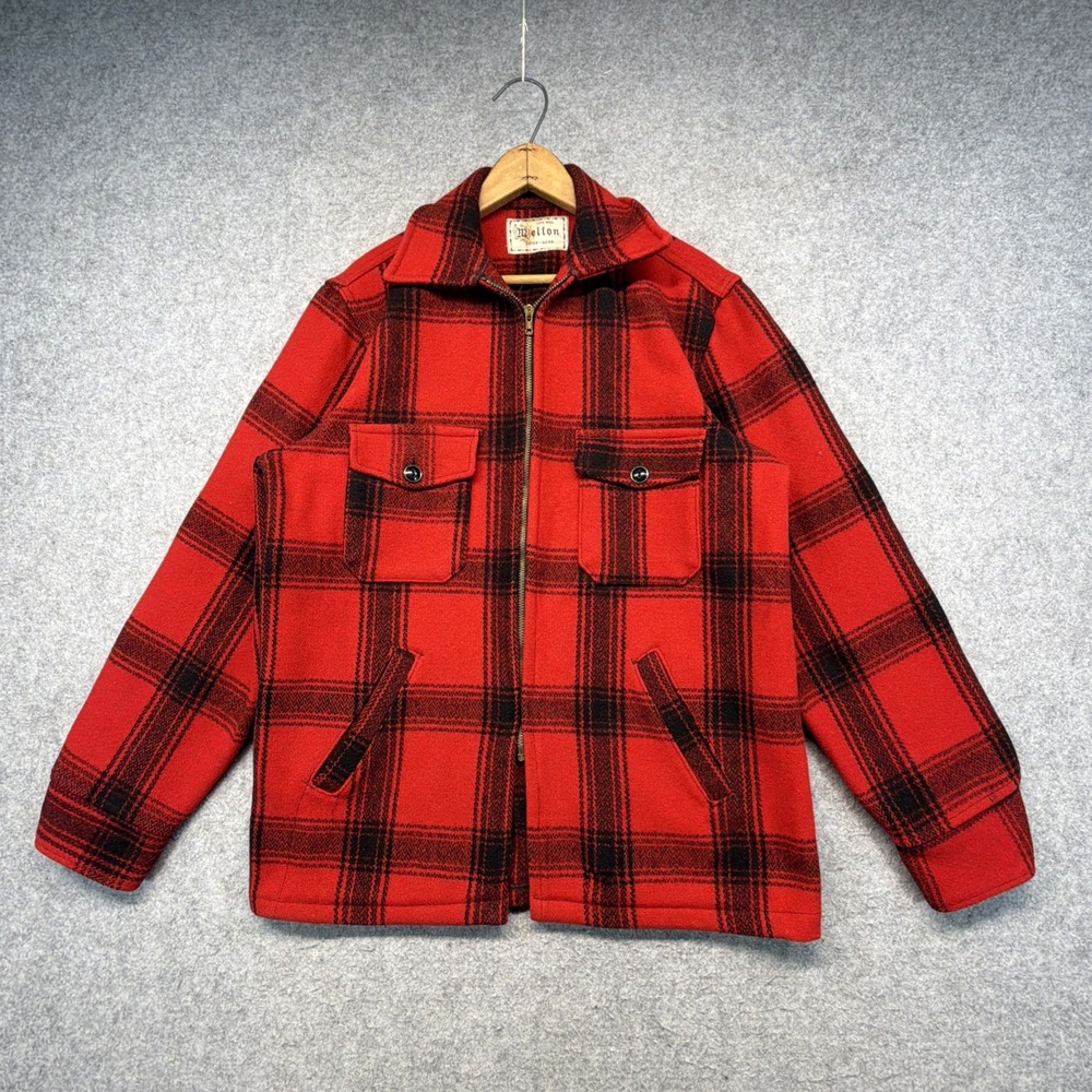 Vintage Melton Jacket Mens L Red Buffalo Plaid Wool Hunting Jacket 50s 60s